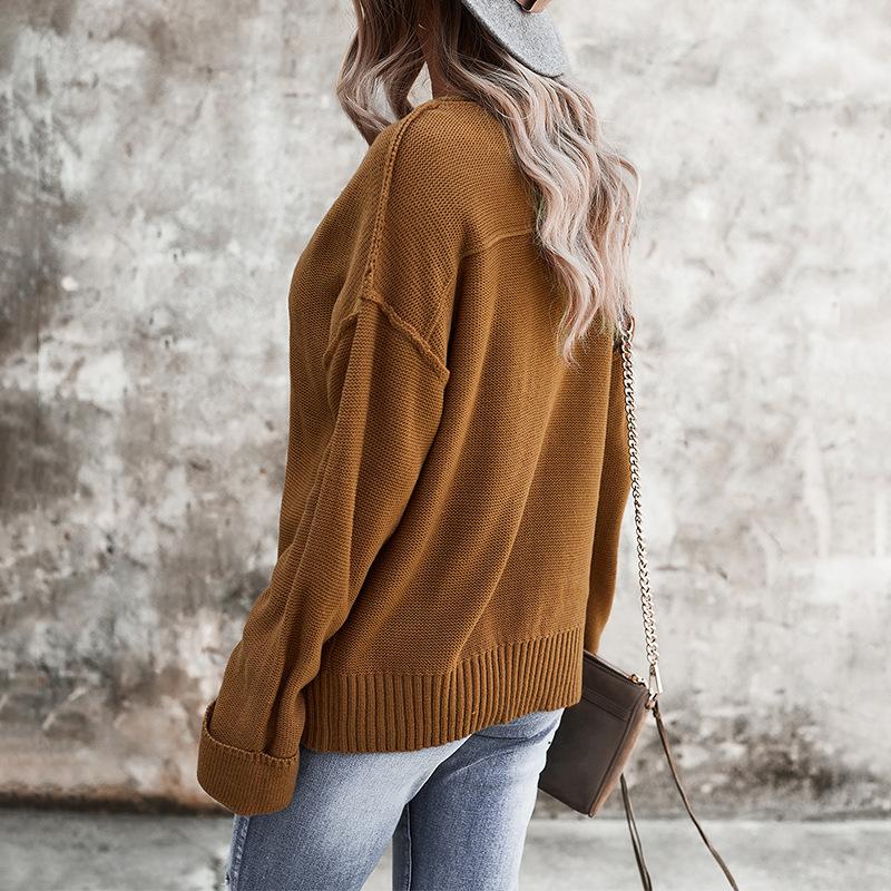 Fall and winter temperament commuter solid color V-neck long-sleeved single-breasted sweater