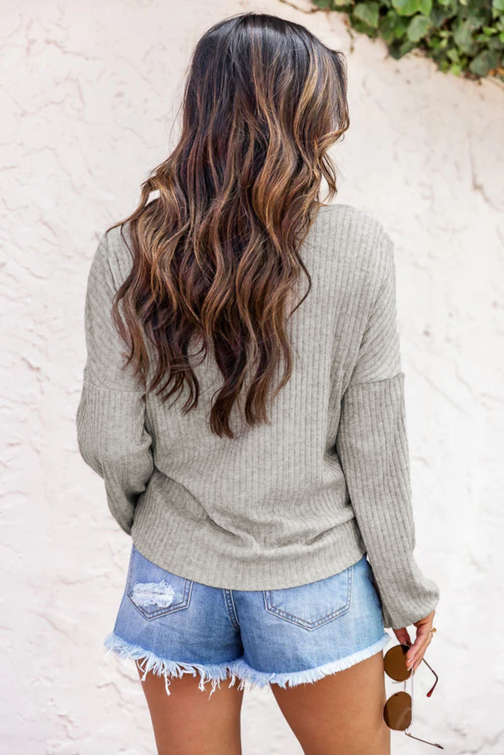 Ribbed Drop Shoulder Long Sleeve Top