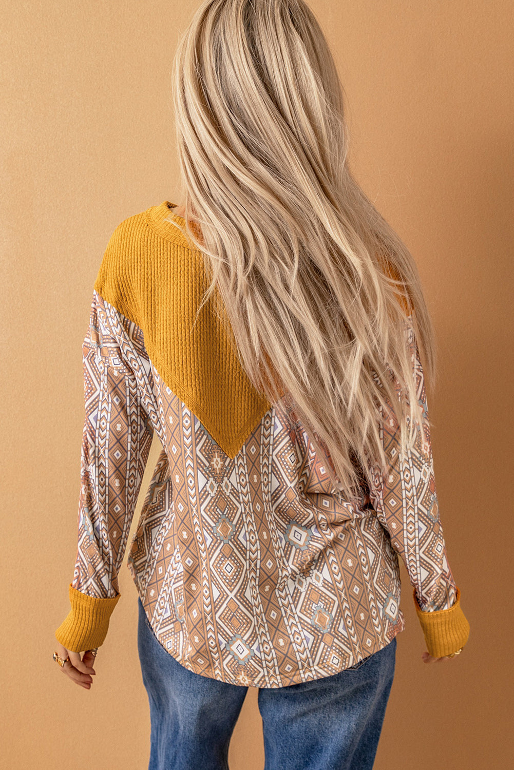 Tribal Geometric Print Ribbed Knit Top