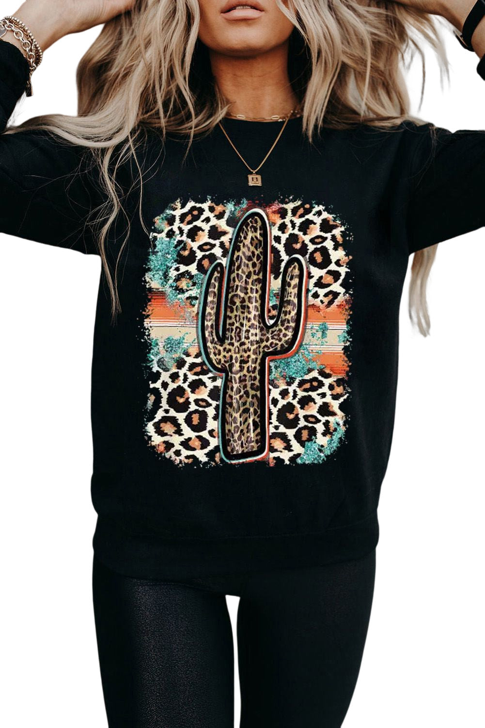 Black Cactus Leopard Graphic Print Long Sleeve Sweatshirt