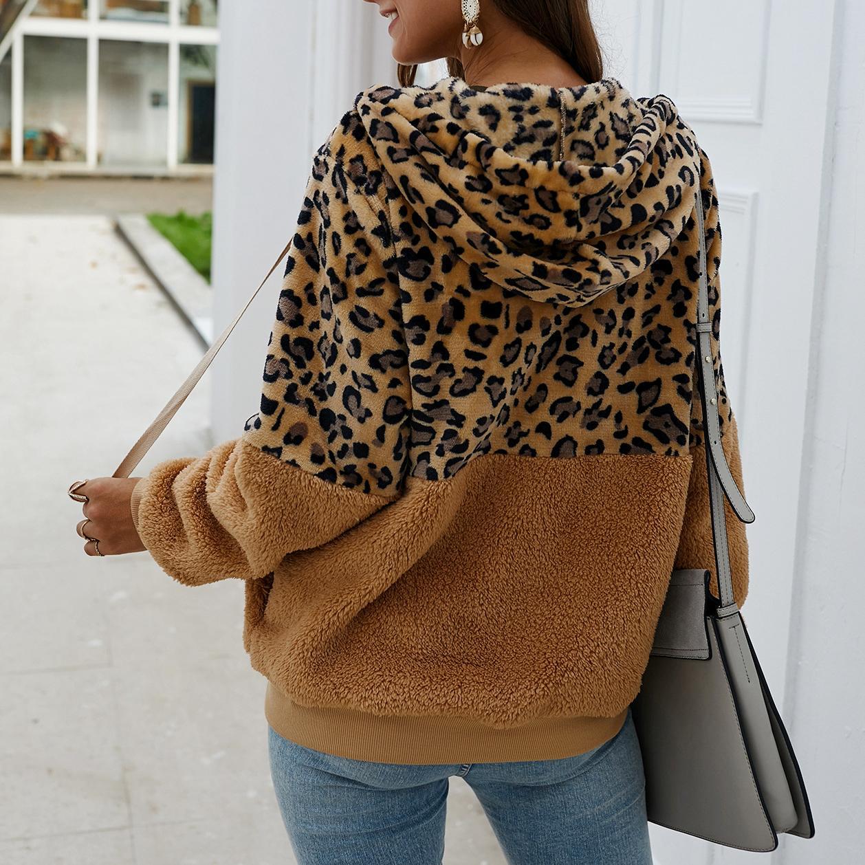 Winter leopard print patchwork hooded sweatshirt