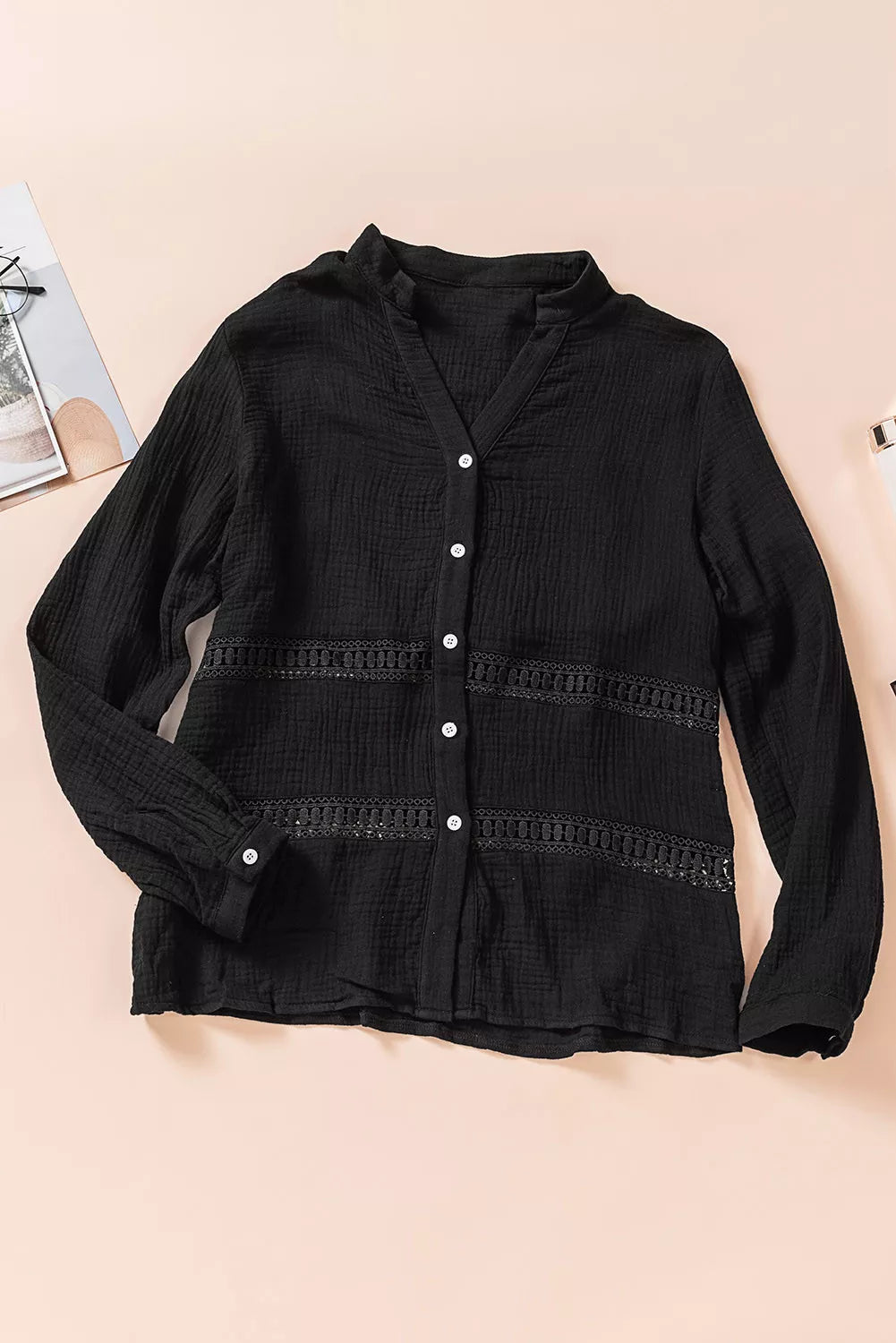 Long Sleeve Crochet Insert Crinkle Blouse