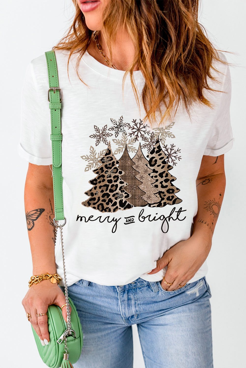 White Believe Santa Claus Snowflake Print Crew Neck T Shirt 95%Polyester+5%Elastane