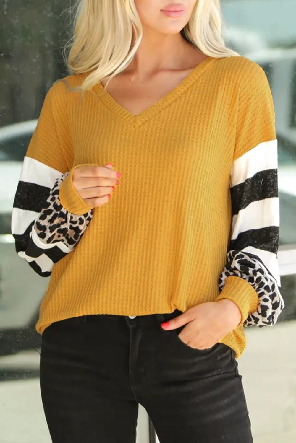 Leopard Stripe Splice Lantern Sleeve Top
