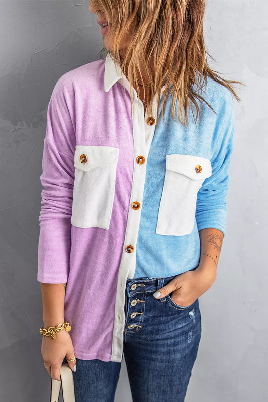 Colorblock Fleece Pockets Buttoned Shirt