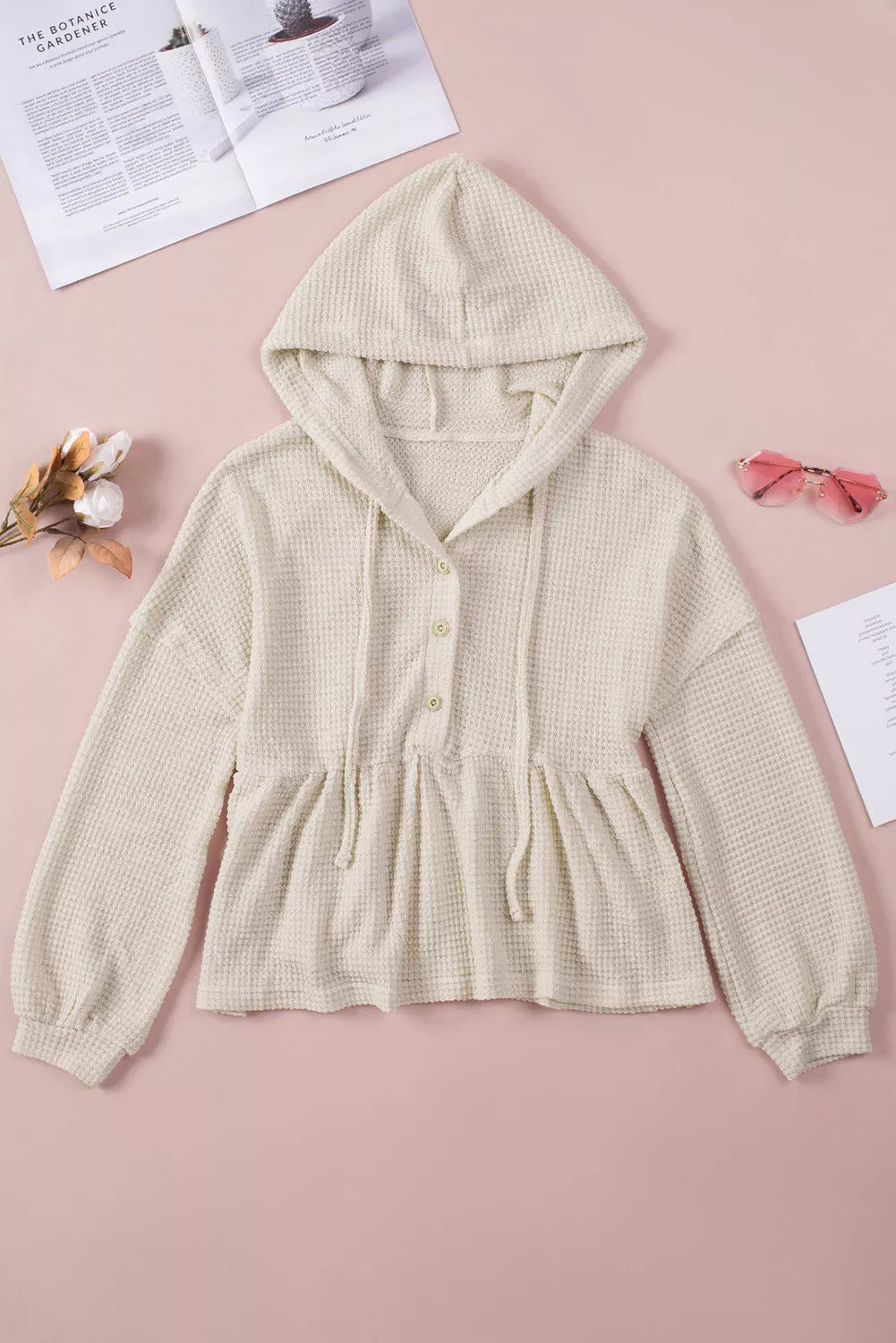 Waffle Knit Buttons Ruffled Hooded Top