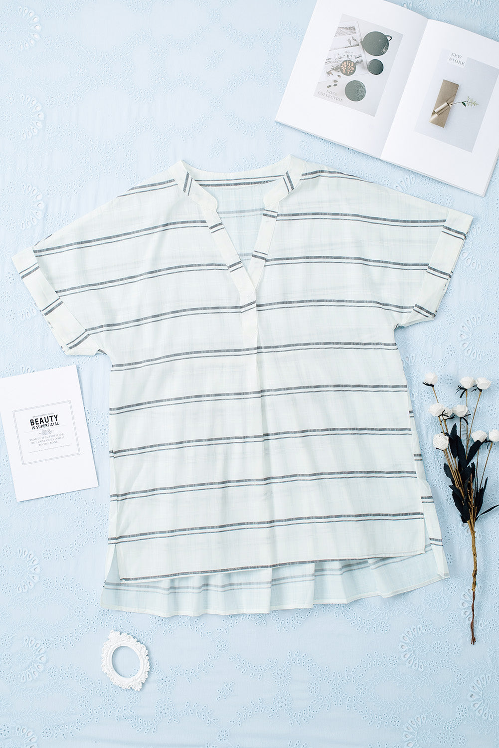 Print Loose V Neck Short Sleeve Shirt with Slits