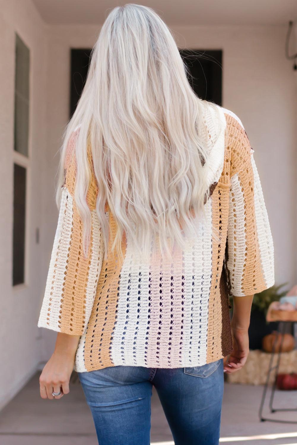 White Striped Colorblock Cut Out Hooded Sweater