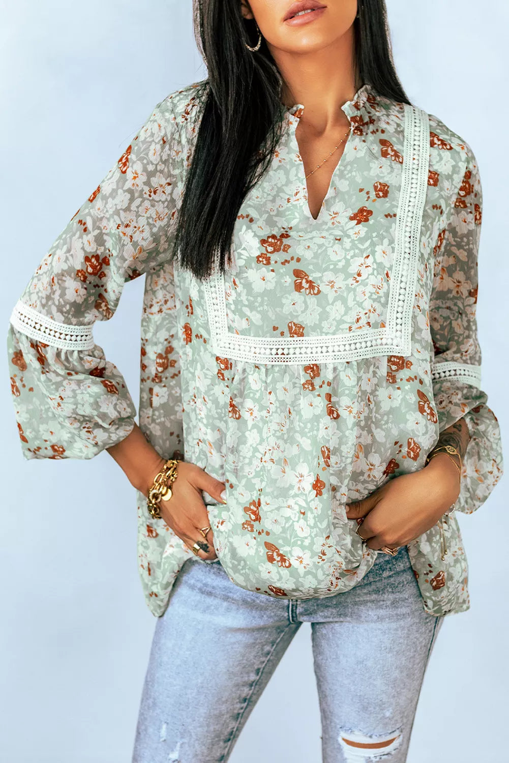 Floral Print Lace Crochet Trim Blouse