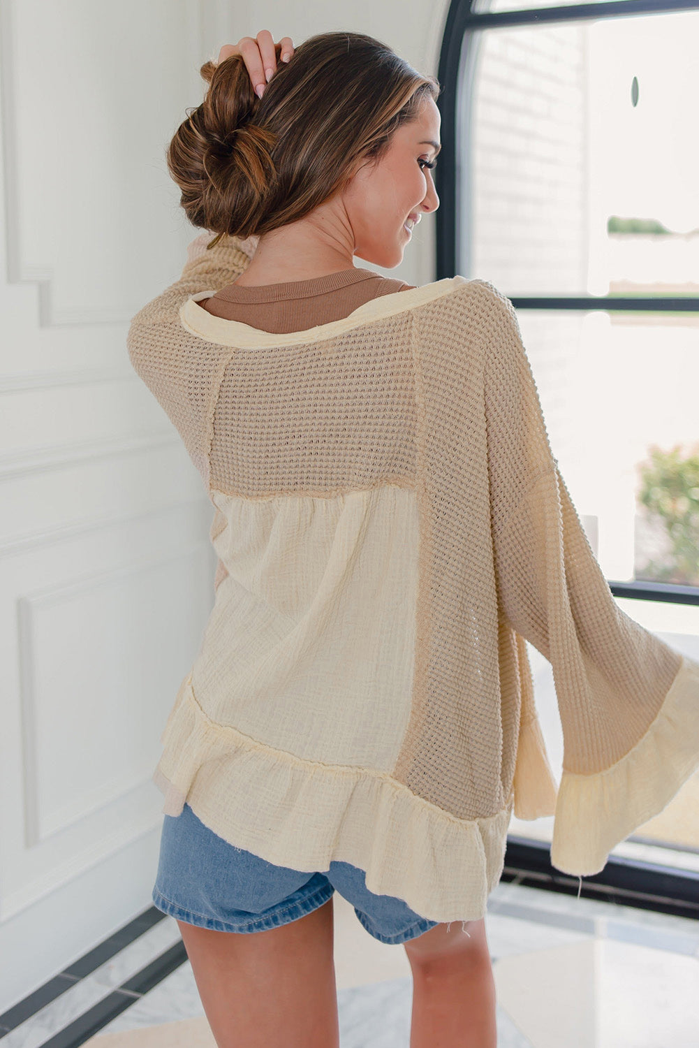 Apricot Waffle Knit Bell Sleeve Ruffled Open Front Cardigan