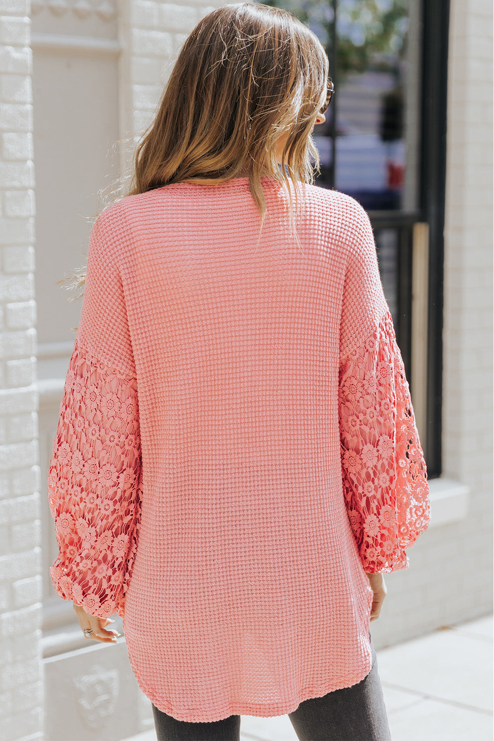 Lace Patchwork Waffle Knit Balloon Sleeve Blouse