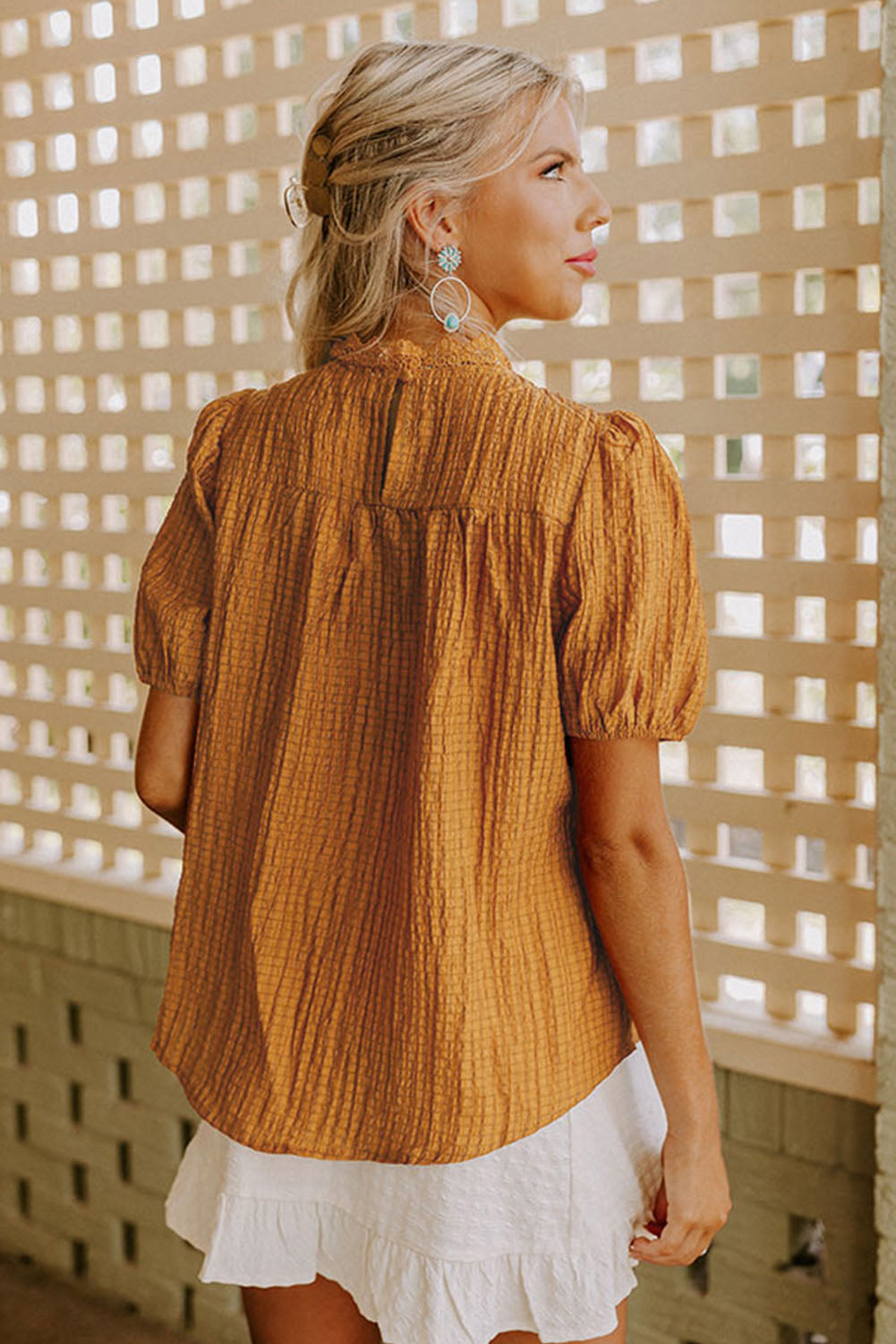 Orange Textured Crochet Keyhole Puff Sleeve Blouse