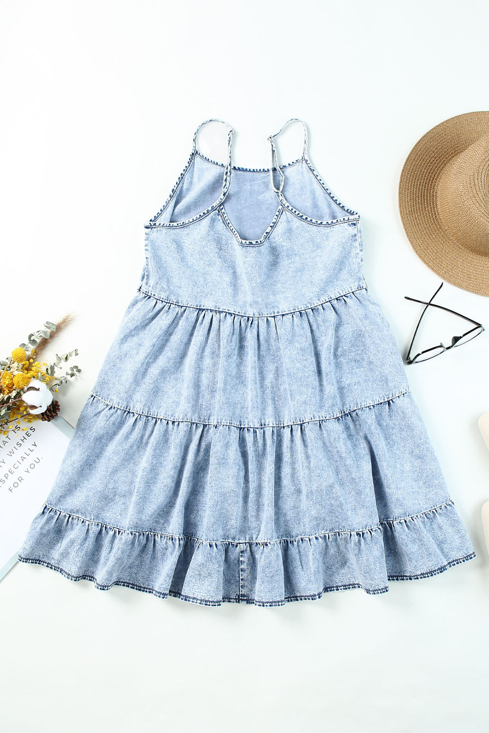 Sky Blue Adjustable Straps Tiered Ruffle Denim Dress