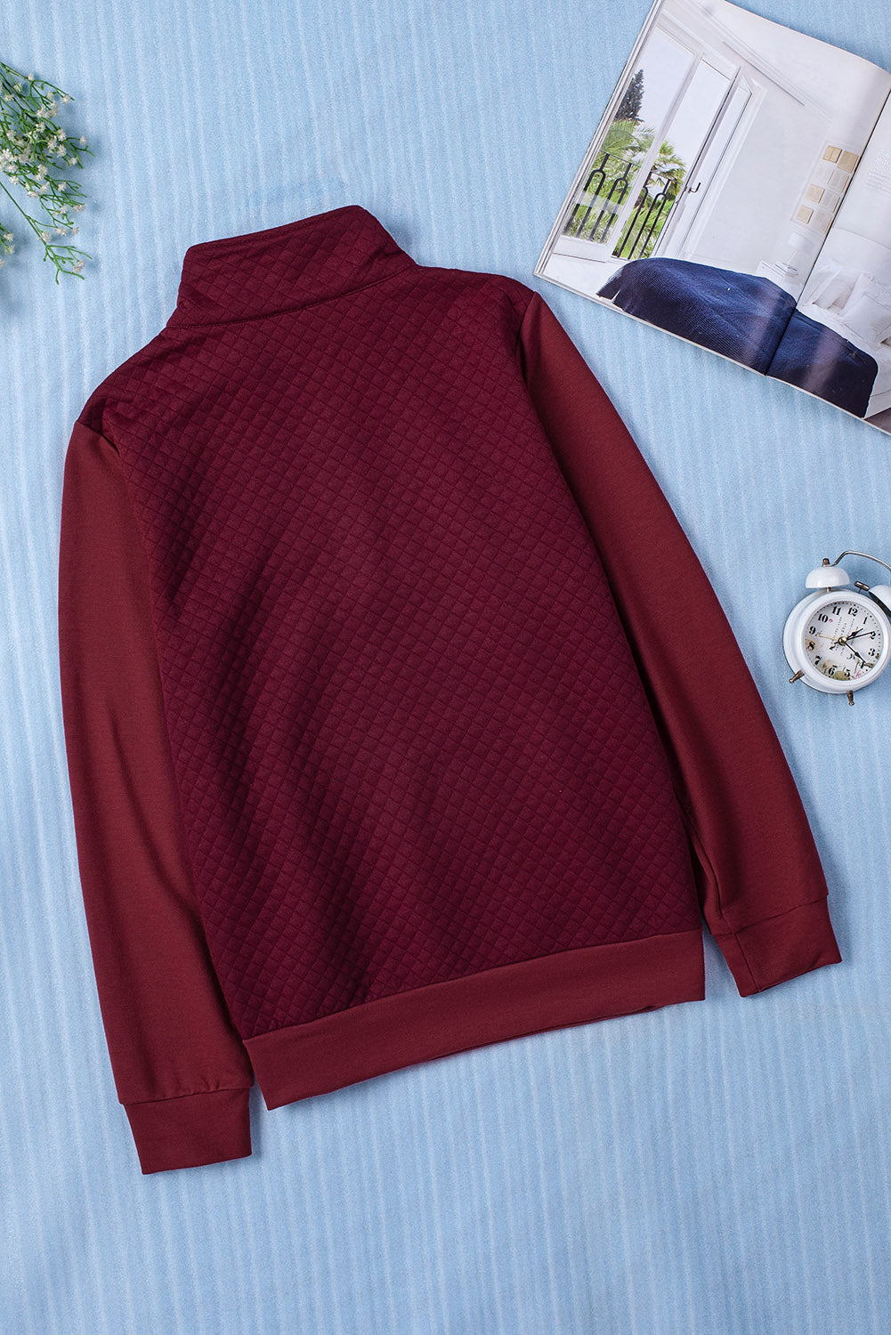 Stand Neck Waffle Zip up Sweatshirt