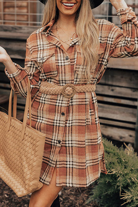 Orange Plaid Button up Side Slit Shirt Dress