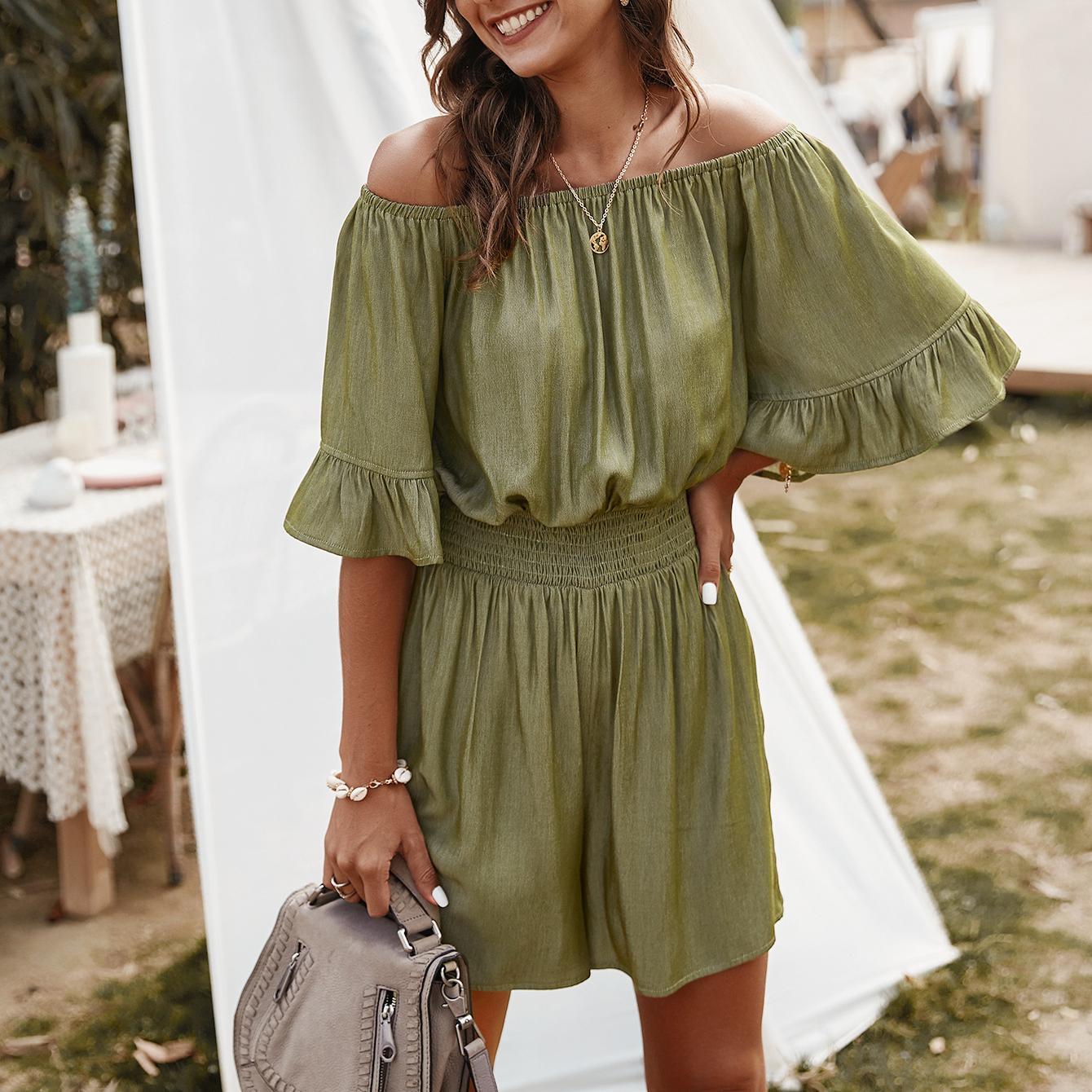 Solid color casual one-shoulder jumpsuit