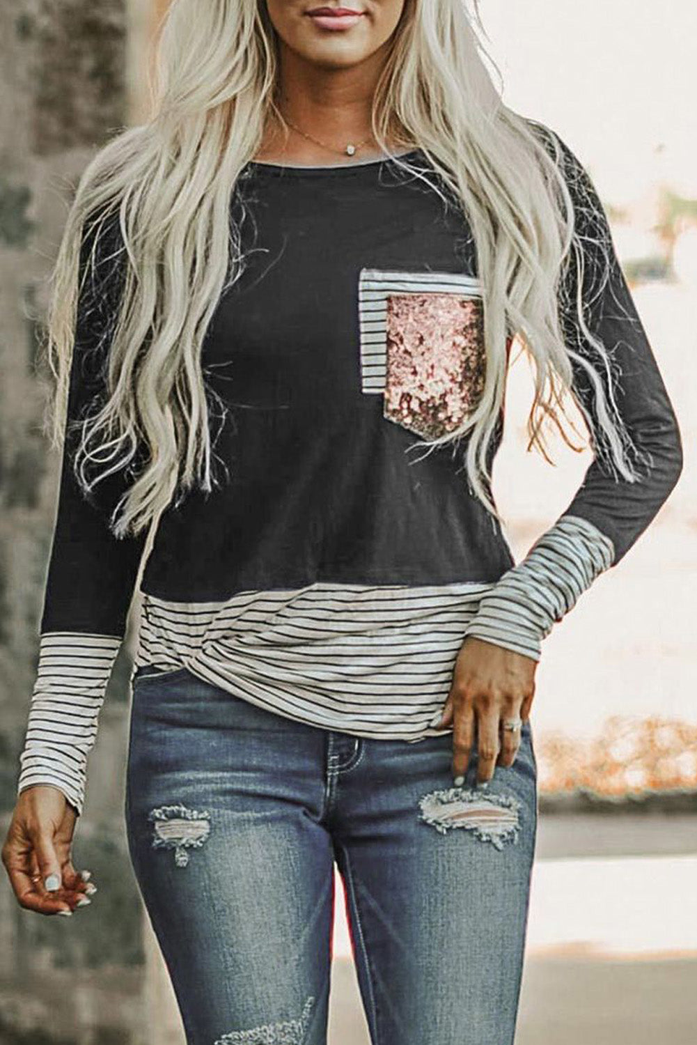 Stripe Pocket Sequins Splicing Long Sleeve O-neck Top