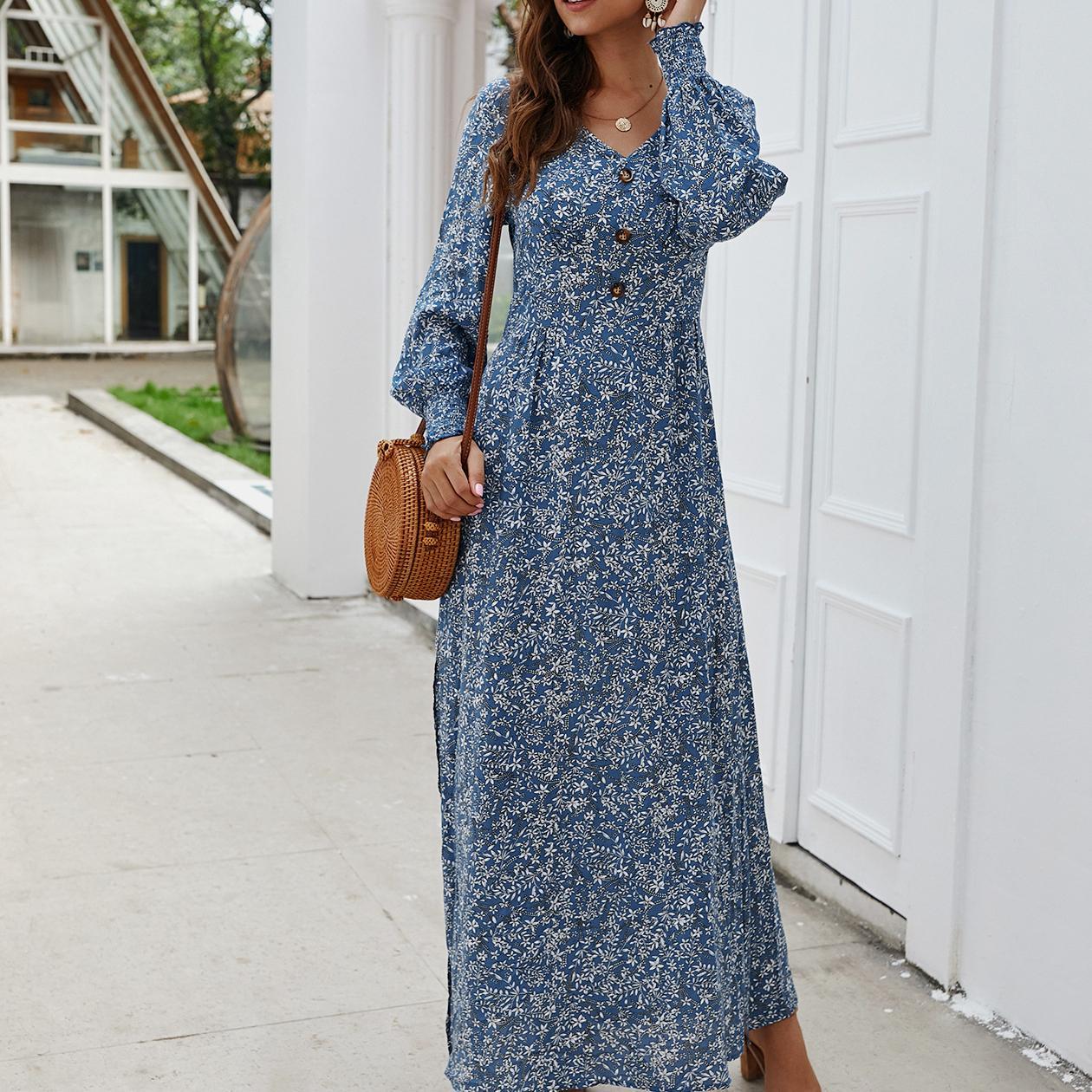 Autumn and winter long-sleeved V-neck floral dress