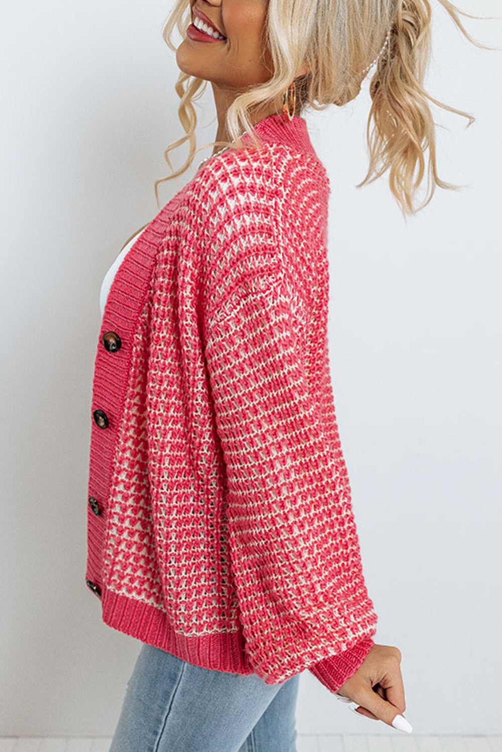 Pink V Neck Buttons Knit Cardigan