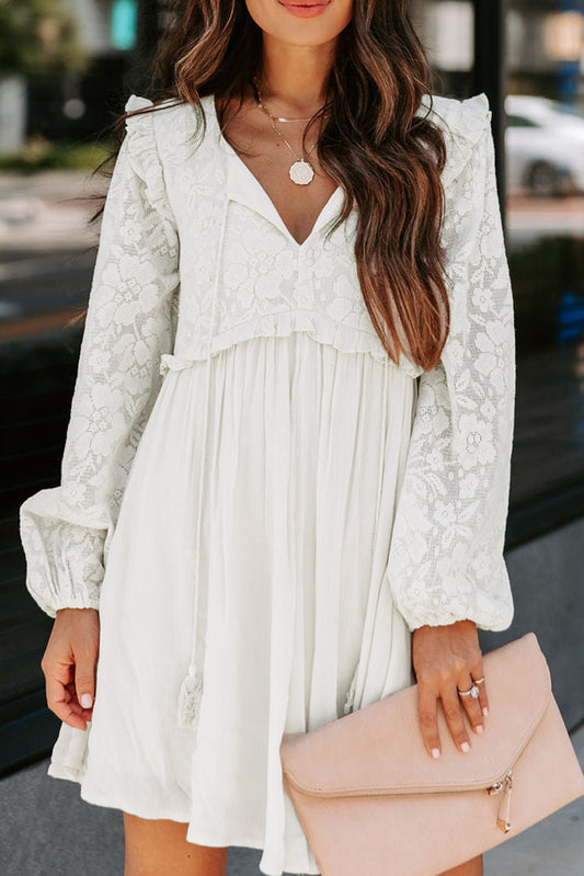 Beige Lace Crochet Ruffled Babydoll Dress