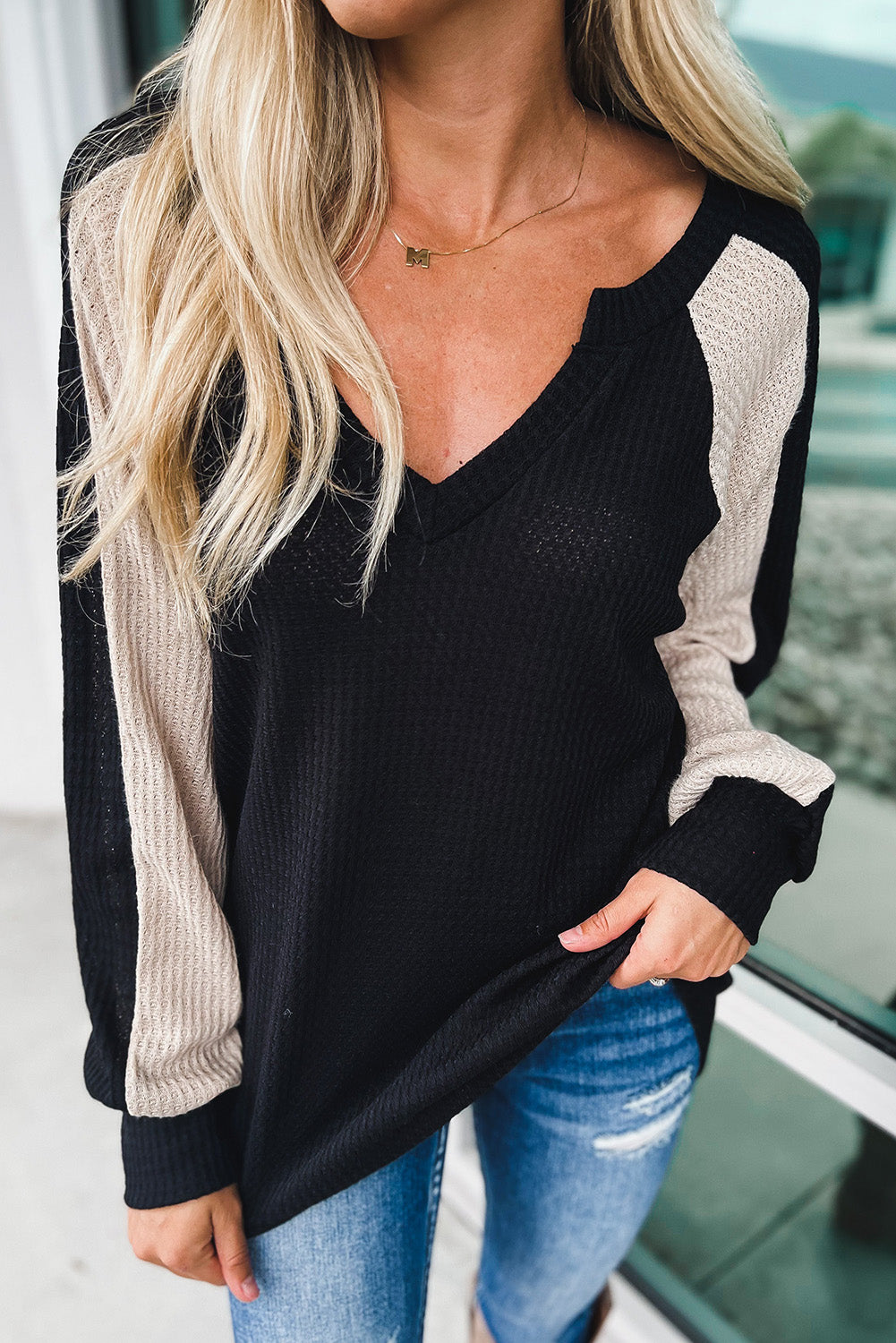 Black V Neck Contrast Block Waffle Knit Top