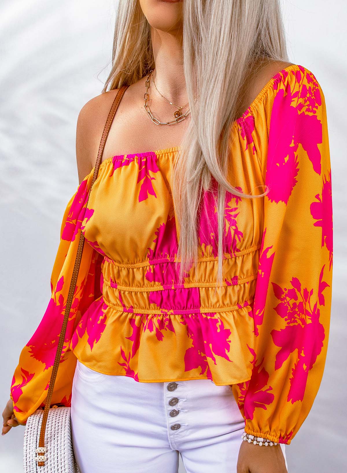 Yellow Floral Print Off Shoulder Puff Sleeve Blouse