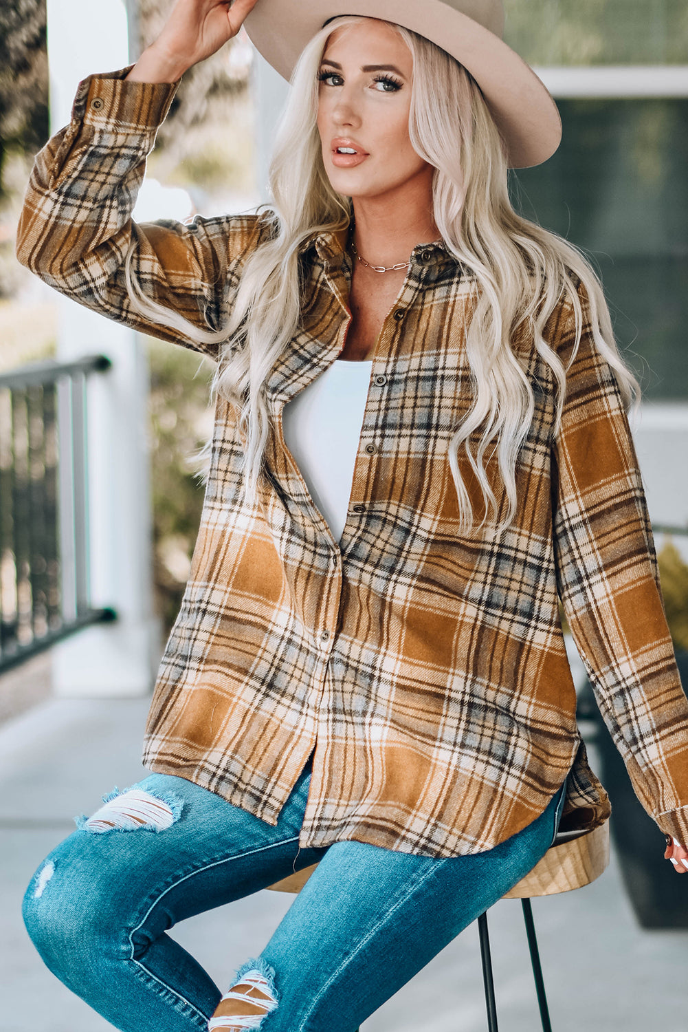 Oversize Rounded Hem Plaid Shirt with Slits