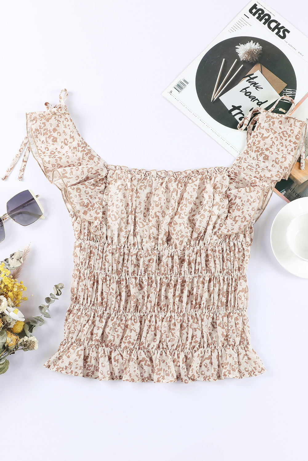 Khaki Leopard Print Tiered Ruffled Tank Top