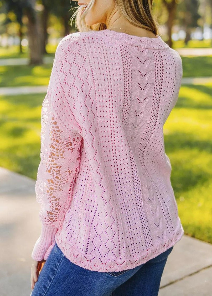 Crochet Lace Pointelle Knit Sweater