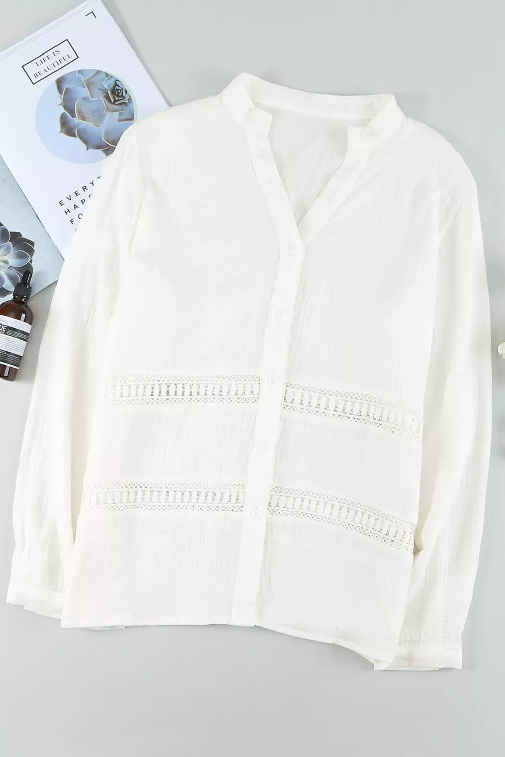 Long Sleeve Crochet Insert Crinkle Blouse