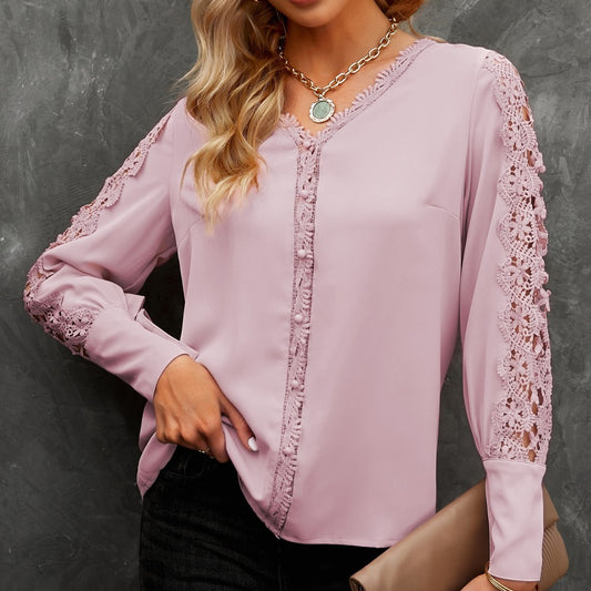 Lace Splicing Buttoned V Neck Shirt