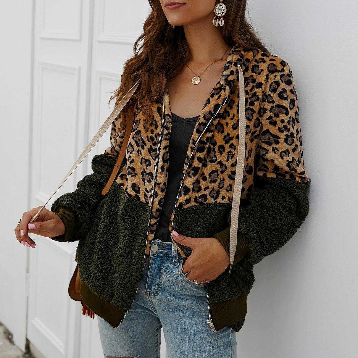 Winter leopard print patchwork hooded sweatshirt