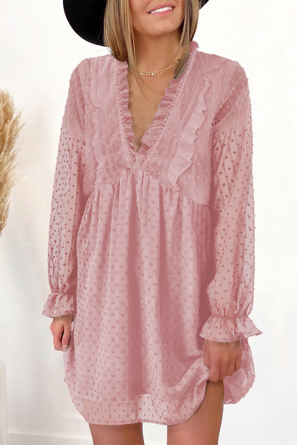 Swiss Dot Ruffle V Neck Mini Dress