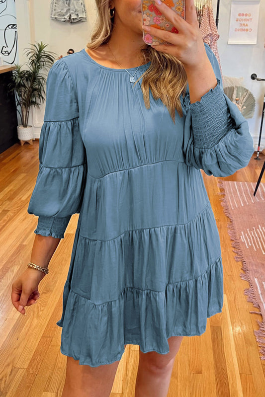 Sky Blue Shirring Tiered Flowy Babydoll Dress