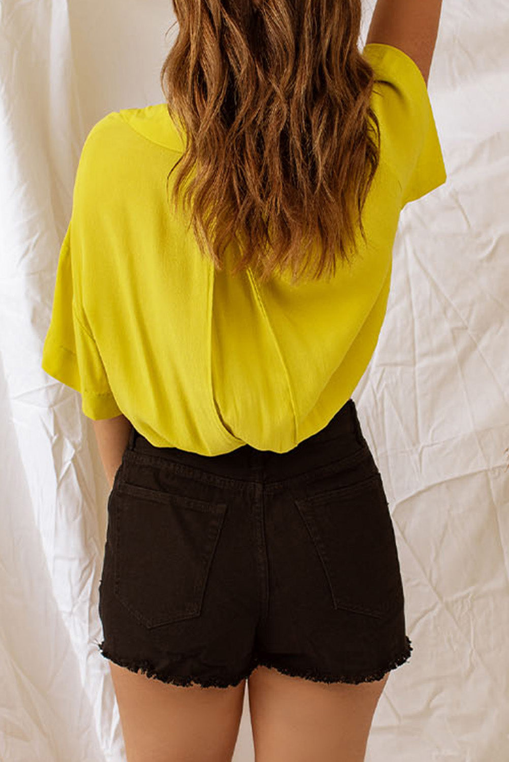 Yellow Lapel Collar Short Sleeve Shirt with Front Tie