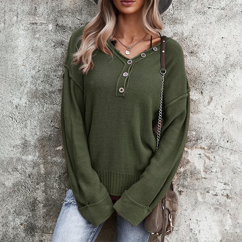 Fall and winter temperament commuter solid color V-neck long-sleeved single-breasted sweater