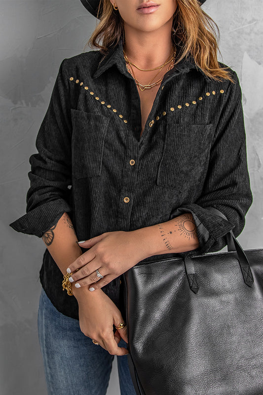 Rivet Corduroy Buttoned Long Sleeve Shirt with Pockets