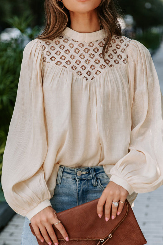 Crochet Lace Textured Balloon Sleeve Blouse