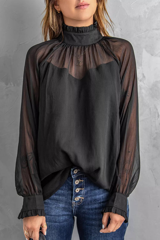 Sheer Ruffled Puff Sleeves Blouse