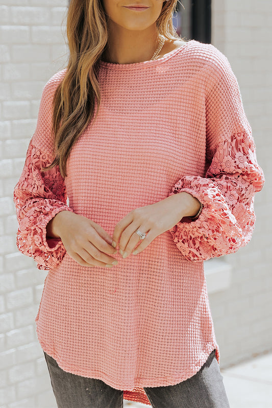 Lace Patchwork Waffle Knit Balloon Sleeve Blouse