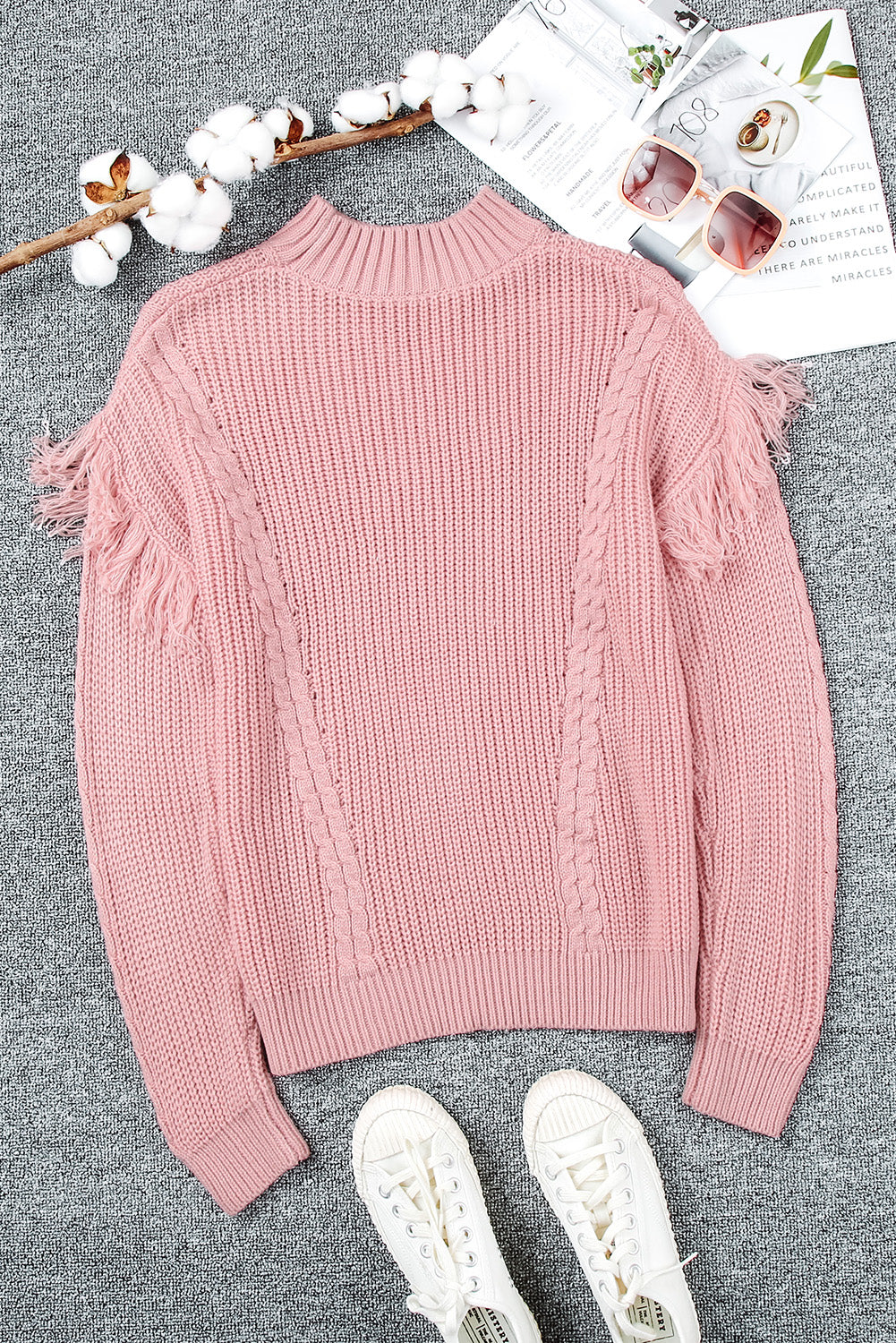 Pink Mixed Textures Fringe High Neck Sweater