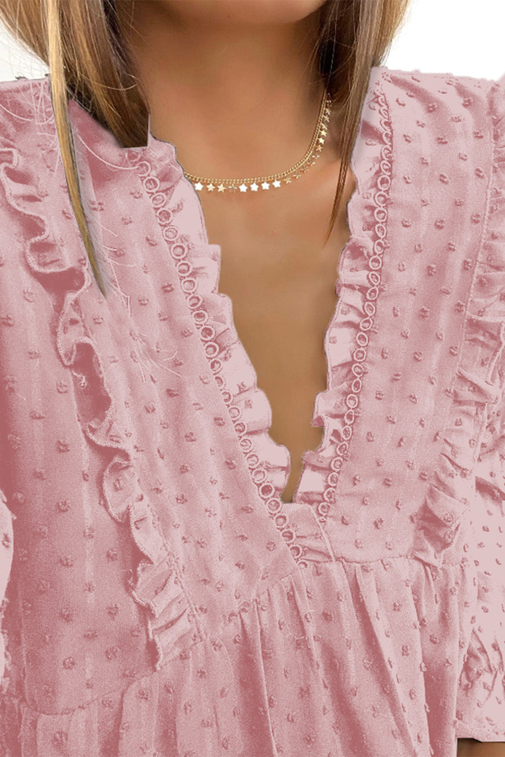 Swiss Dot Ruffle V Neck Mini Dress