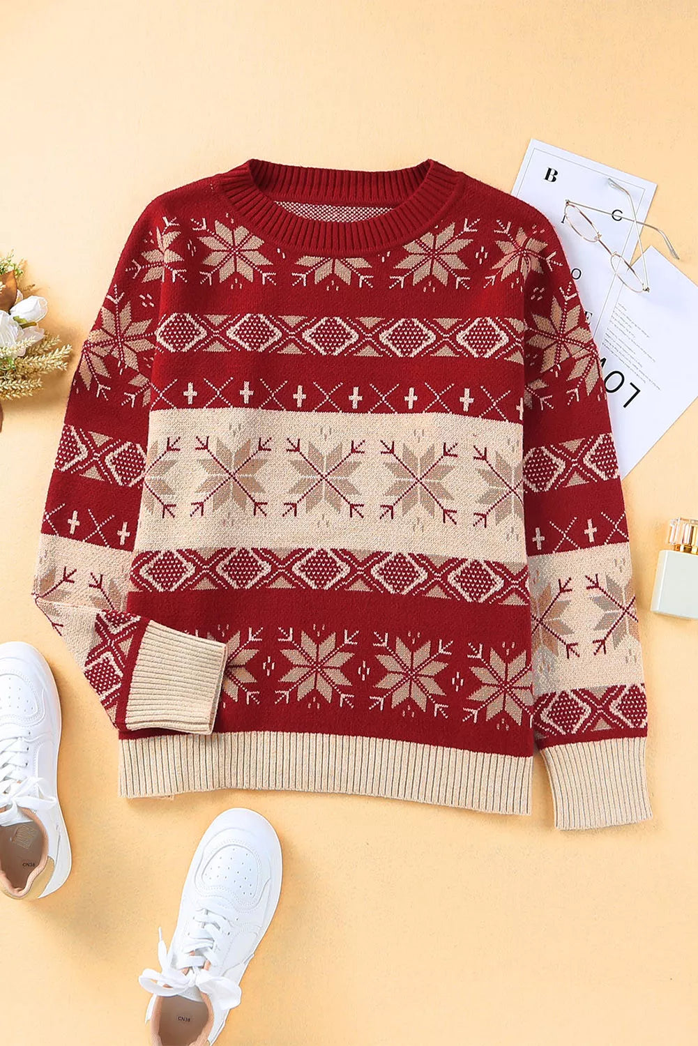 Red Christmas Snowflake Geometric Pattern Sweater