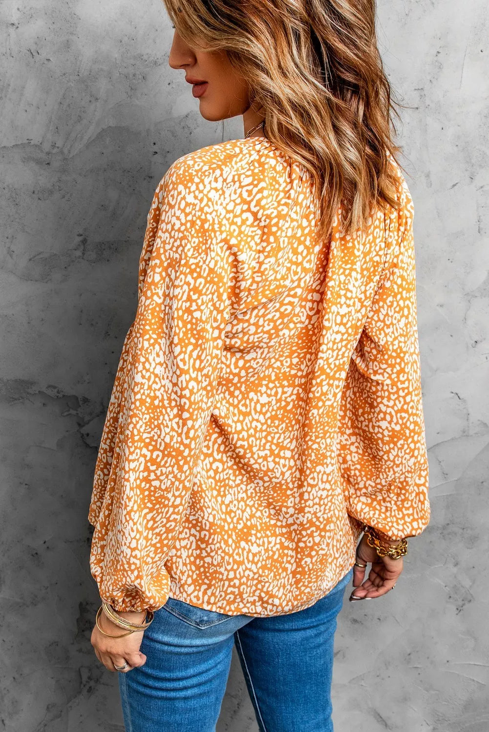 Leopard Patch Drawstring Long Puff Sleeve Blouse