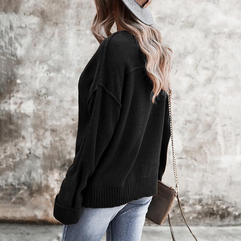 Fall and winter temperament commuter solid color V-neck long-sleeved single-breasted sweater