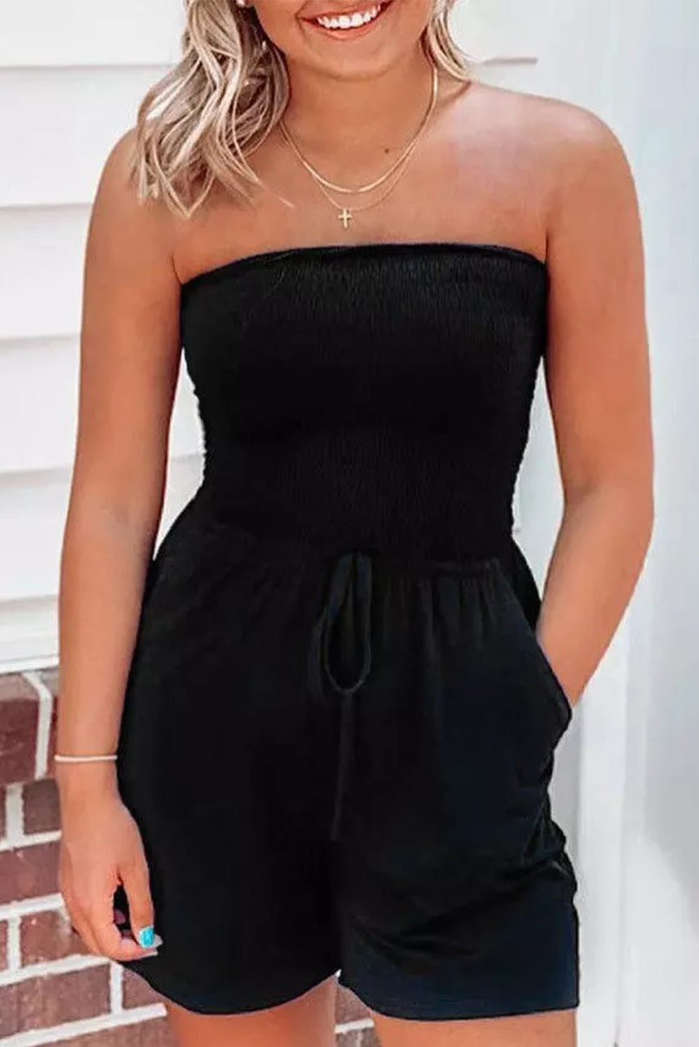 Leopard Strapless Smocked Bodice Drawstring Romper