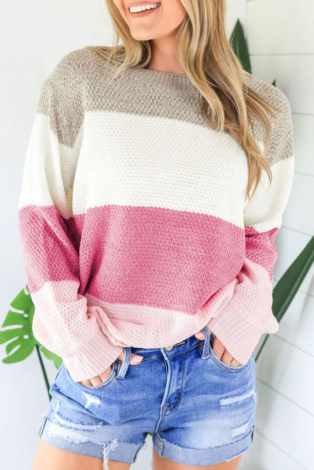 Rose Crew Neck Color Block Sweater