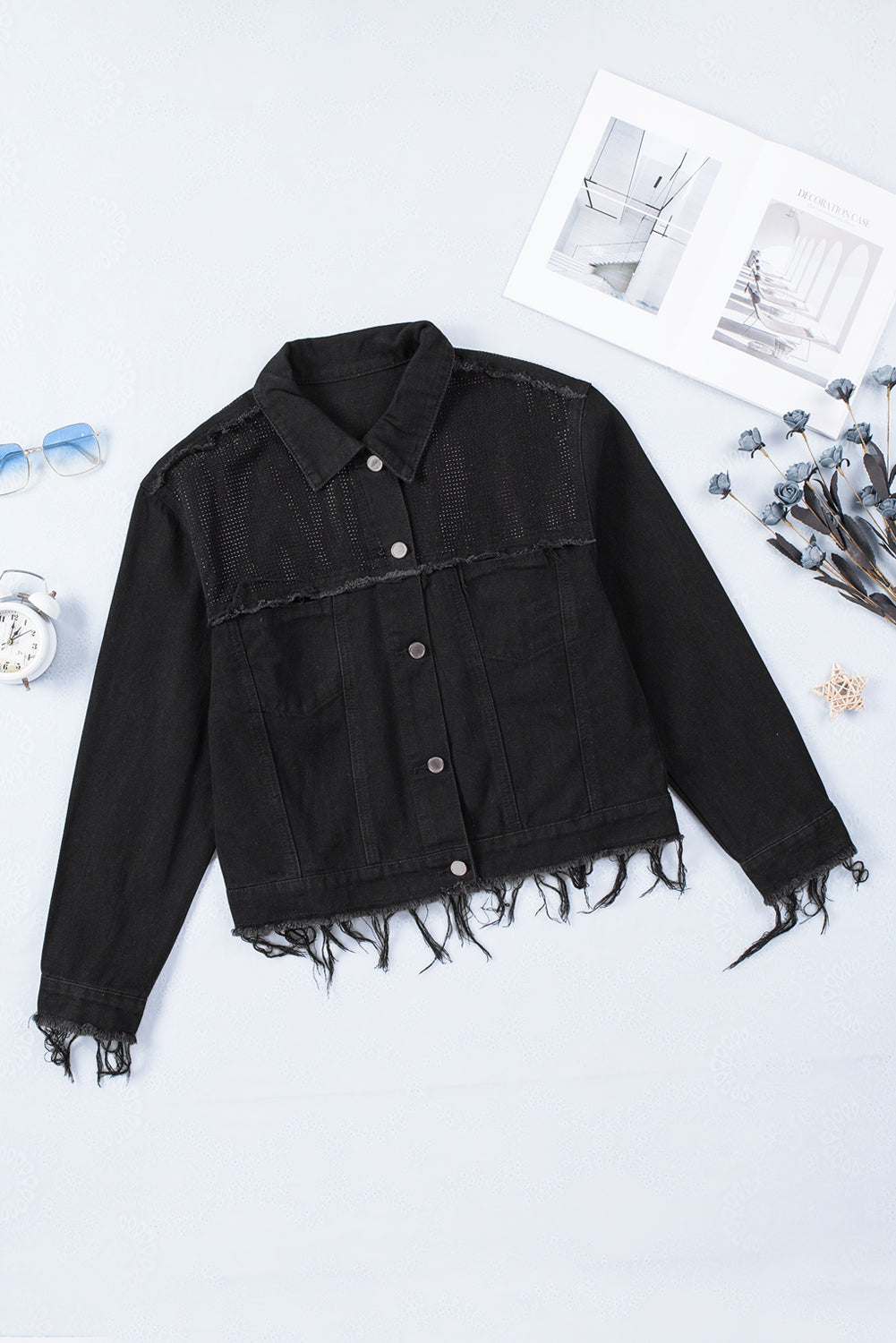 Black Frayed Trim Button Down Denim Jacket