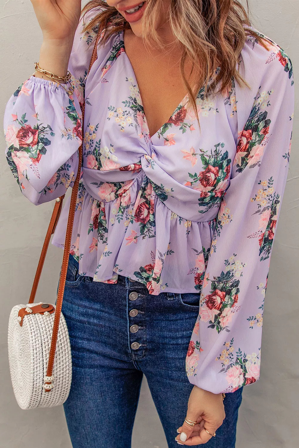 V Neck Balloon Sleeve Twist Front Floral Blouse