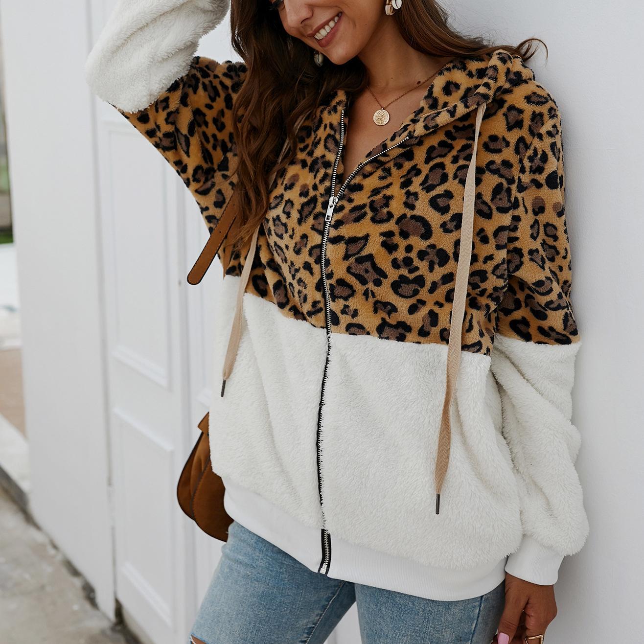 Winter leopard print patchwork hooded sweatshirt